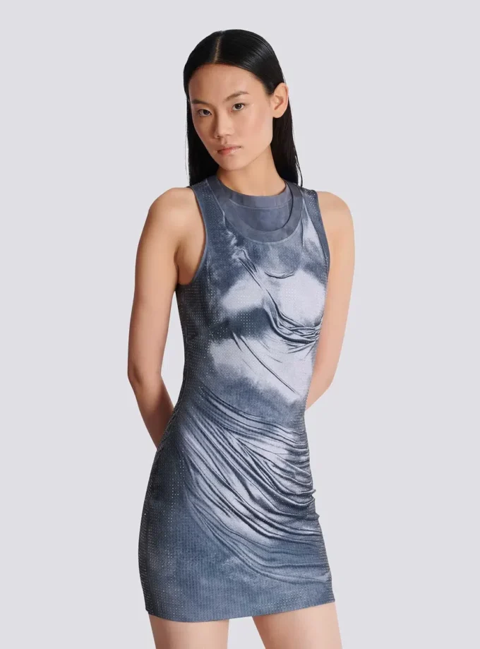 Halterneck draped trompe-l’œil strass dress