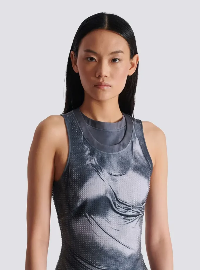 Halterneck draped trompe-l’œil strass dress