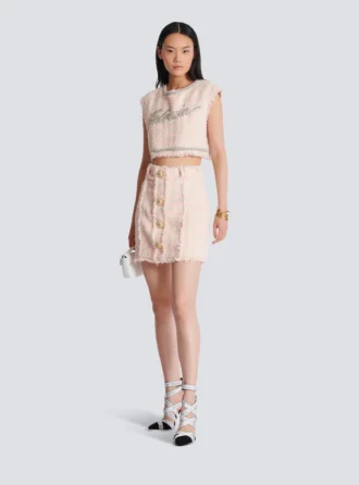 High-waist buttoned tweed mini skirt