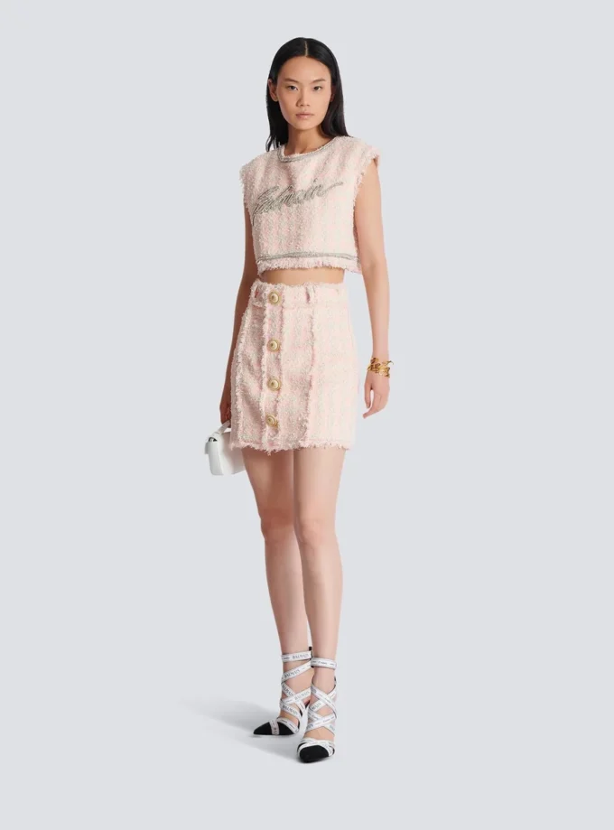 High-waist buttoned tweed mini skirt