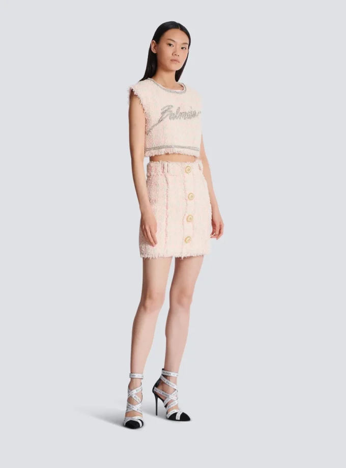 High-waist buttoned tweed mini skirt
