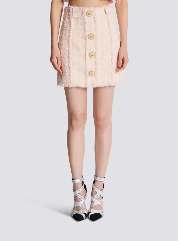 High-waist buttoned tweed mini skirt