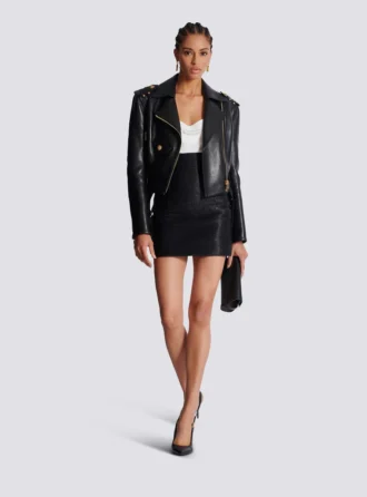 High-waist rolled lambskin leather mini skirt