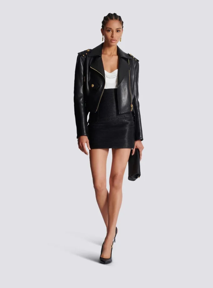 High-waist rolled lambskin leather mini skirt