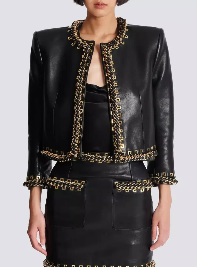 Lambskin edge-to-edge jacket with chain trim Lambskin edge-to-edge jacket with chain trim
