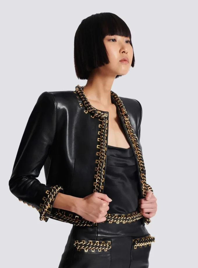 Lambskin edge-to-edge jacket with chain trim Lambskin edge-to-edge jacket with chain trim