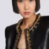 Lambskin edge-to-edge jacket with chain trim Lambskin edge-to-edge jacket with chain trim
