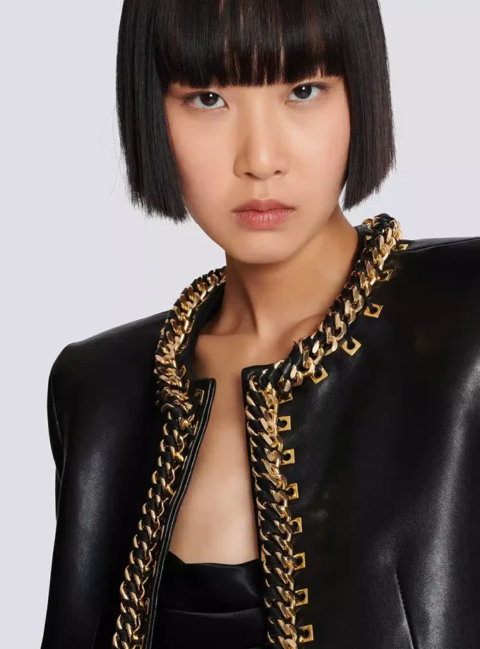 Lambskin edge-to-edge jacket with chain trim Lambskin edge-to-edge jacket with chain trim