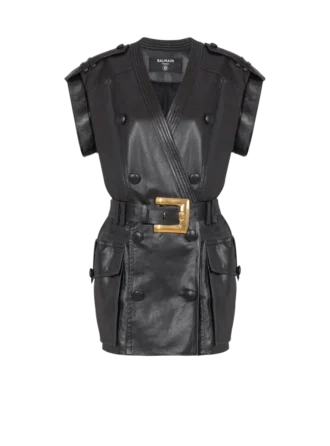 Lambskin leather short belted dress
