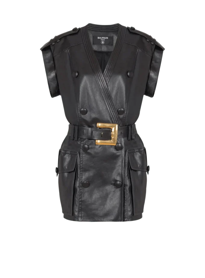 Lambskin leather short belted dress Lambskin leather short belted dress