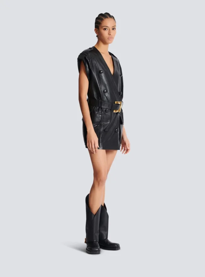 Lambskin leather short belted dress Lambskin leather short belted dress