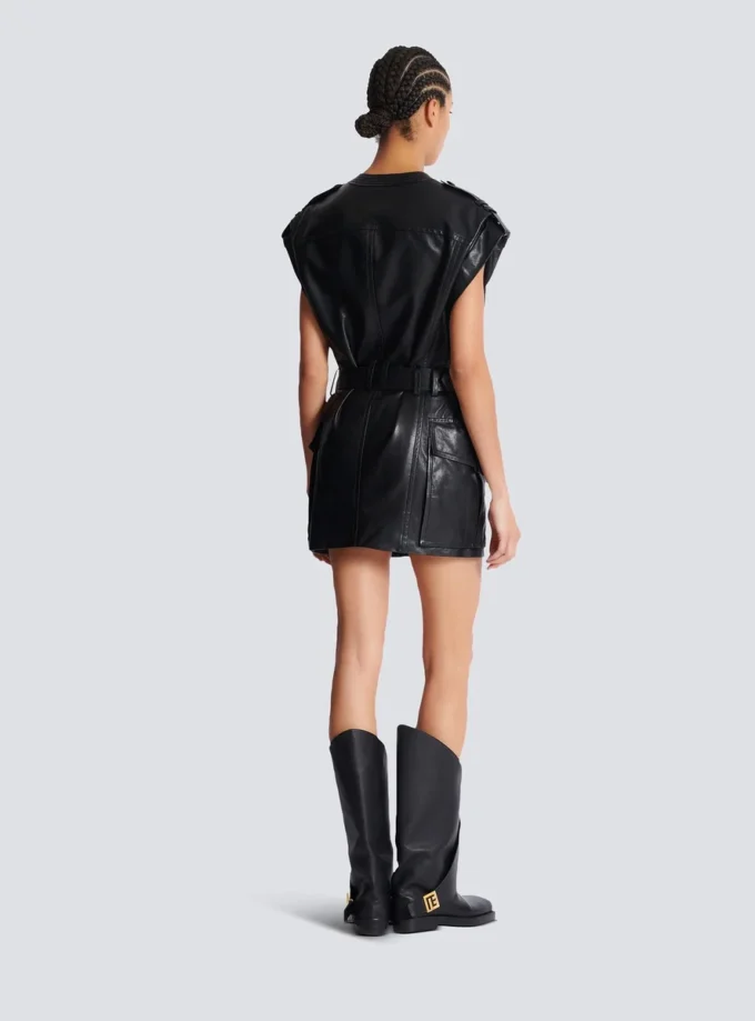 Lambskin leather short belted dress Lambskin leather short belted dress