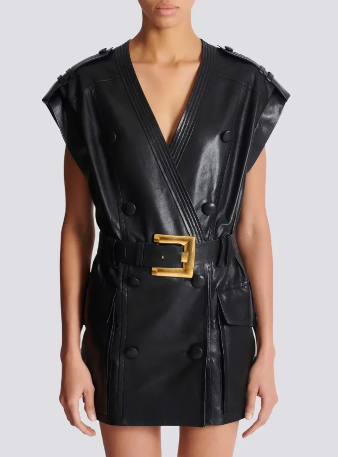 Lambskin leather short belted dress Lambskin leather short belted dress