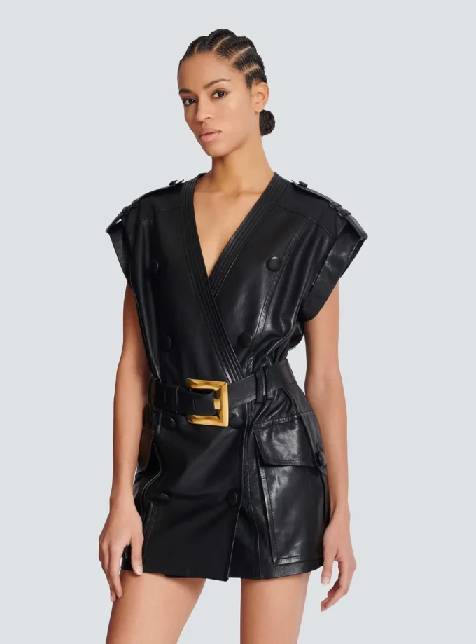 Lambskin leather short belted dress Lambskin leather short belted dress