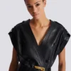 Lambskin leather short belted dress Lambskin leather short belted dress