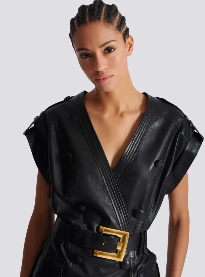 Lambskin leather short belted dress Lambskin leather short belted dress