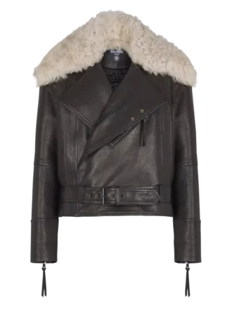 Leather jacket with shearling collar