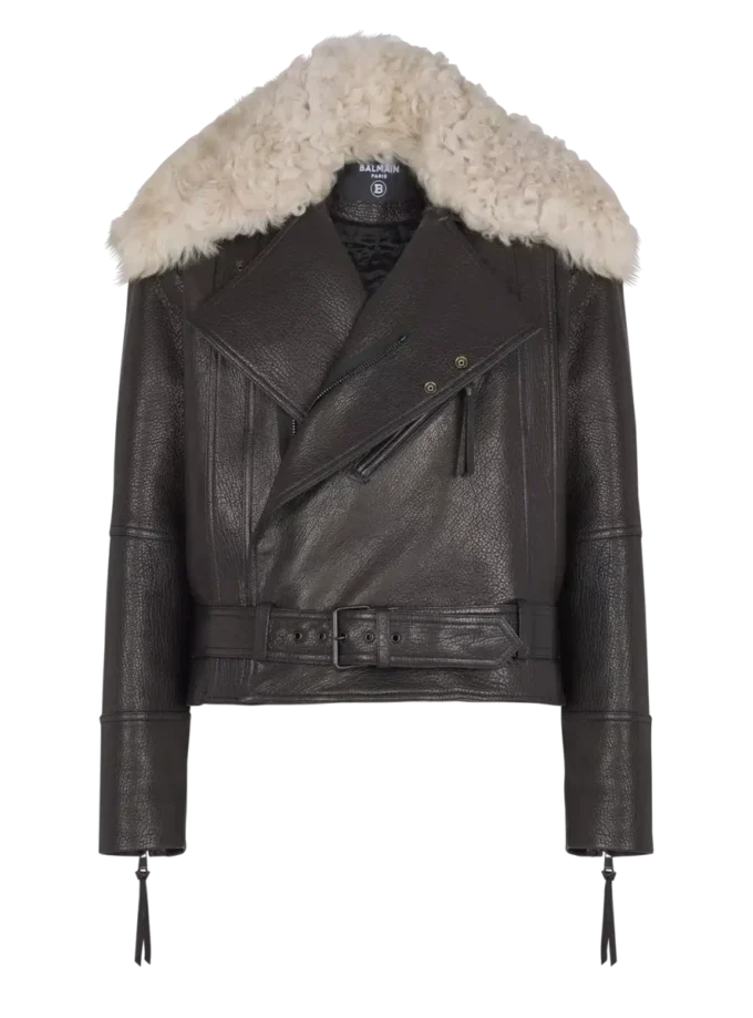 Leather jacket with shearling collar