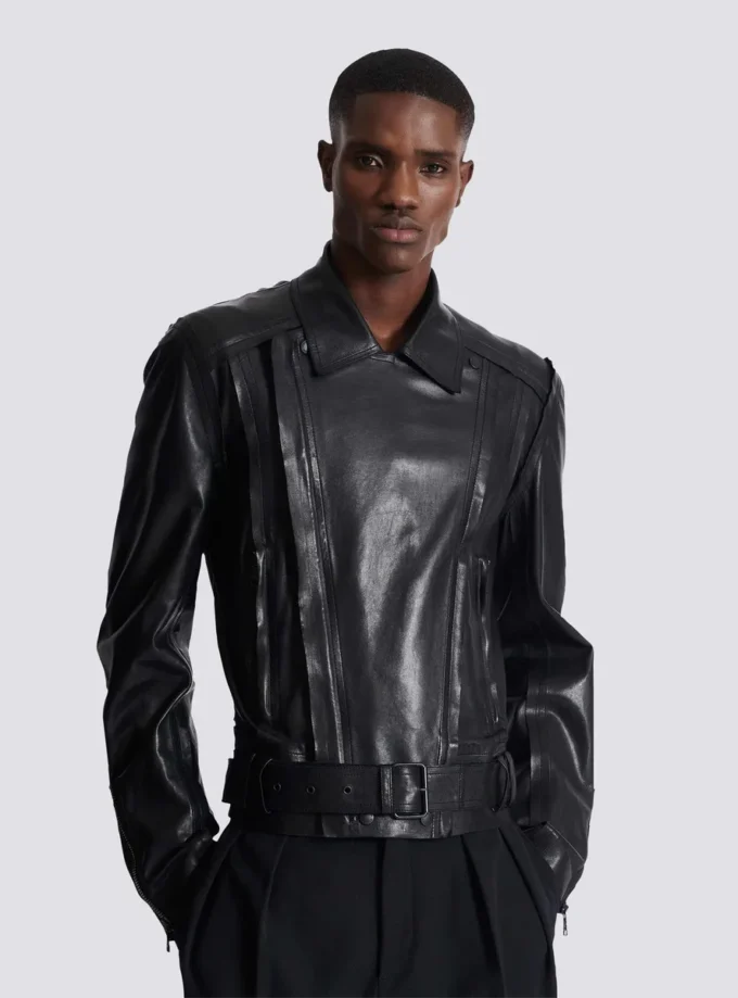 Lightweight lambskin leather biker jacket