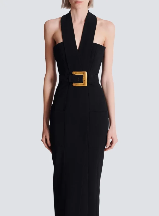 Long crepe dress with belt Long crepe dress with belt
