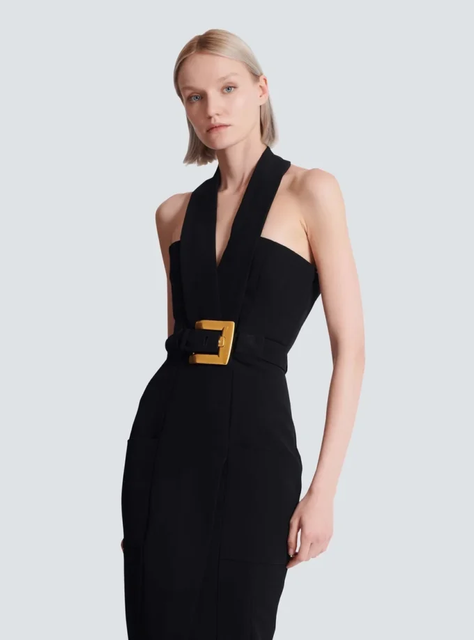 Long crepe dress with belt Long crepe dress with belt