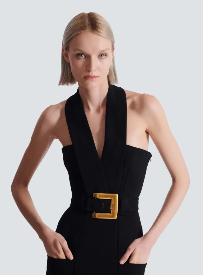 Long crepe dress with belt Long crepe dress with belt