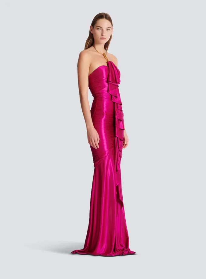 Long draped bustier dress with embellished detail