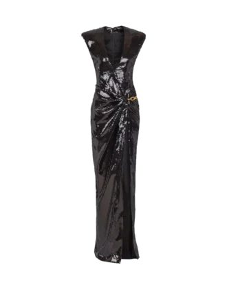 Long draped sequin dress with embellished detail