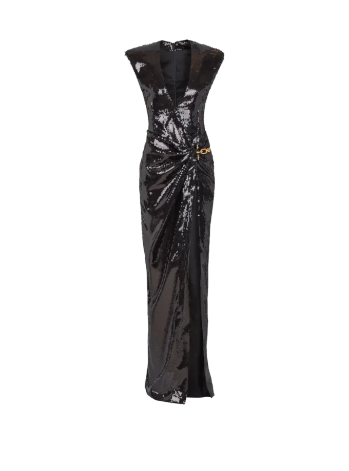 Long draped sequin dress with embellished detail