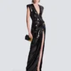 Long draped sequin dress with embellished detail