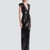 Long draped sequin dress with embellished detail