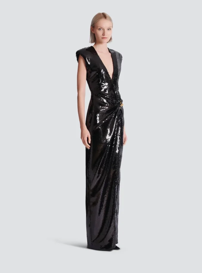 Long draped sequin dress with embellished detail