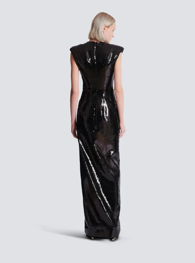 Long draped sequin dress with embellished detail