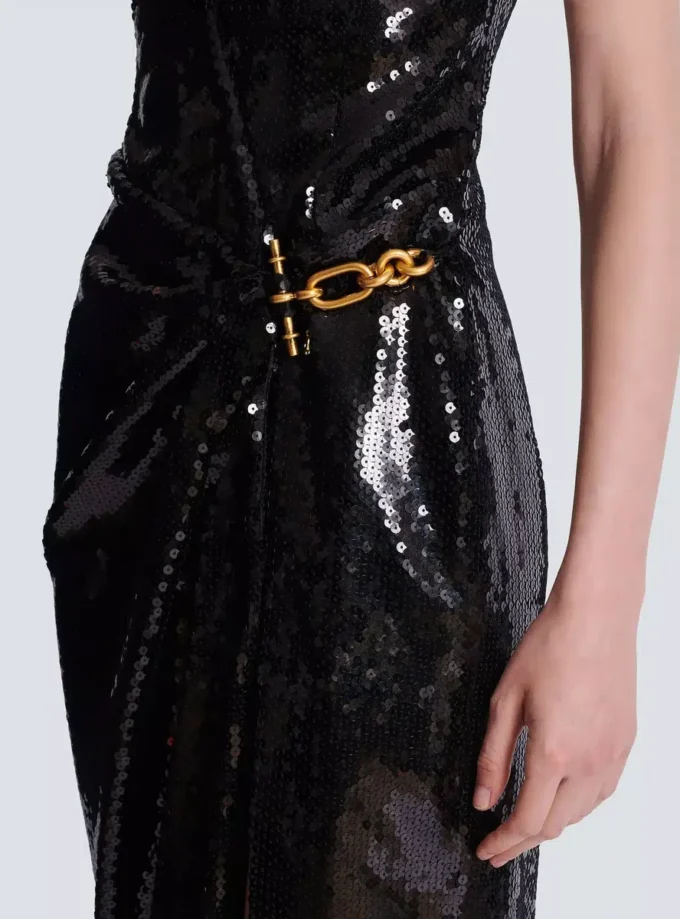 Long draped sequin dress with embellished detail