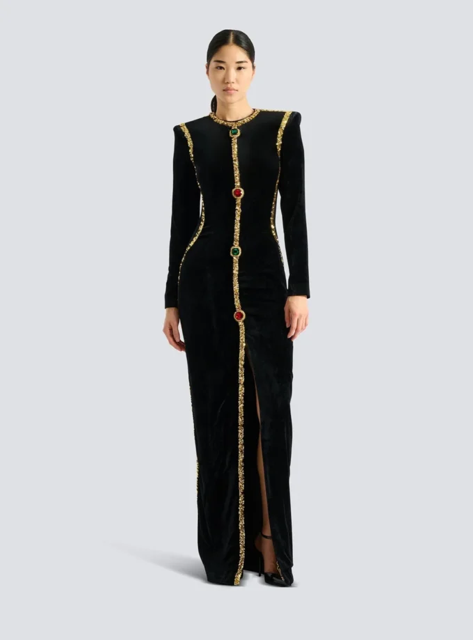 Long embellished velvet dress