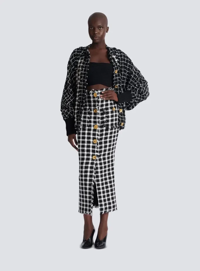 Long gingham tweed skirt