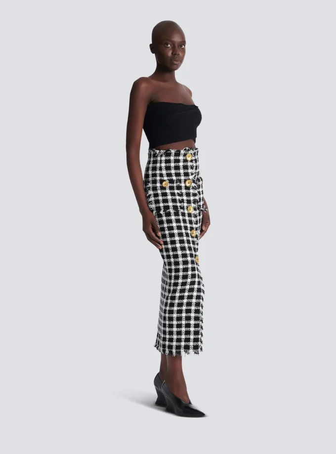 Long gingham tweed skirt
