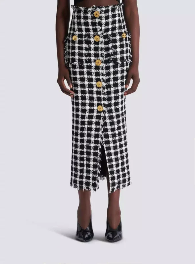Long gingham tweed skirt