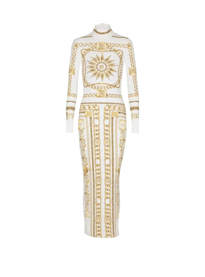 Long printed bodycon dress with Balmain Foulard pattern