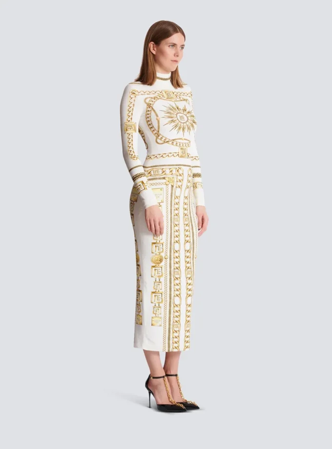 Long printed bodycon dress with Balmain Foulard pattern
