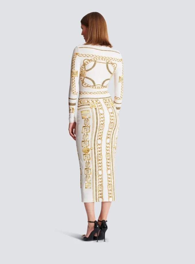 Long printed bodycon dress with Balmain Foulard pattern