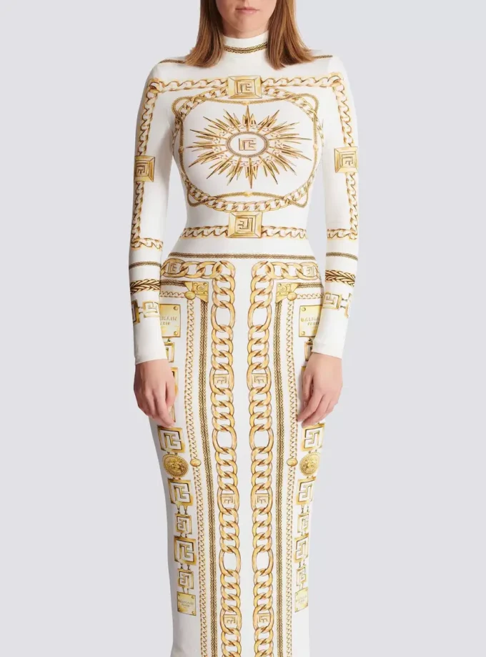 Long printed bodycon dress with Balmain Foulard pattern