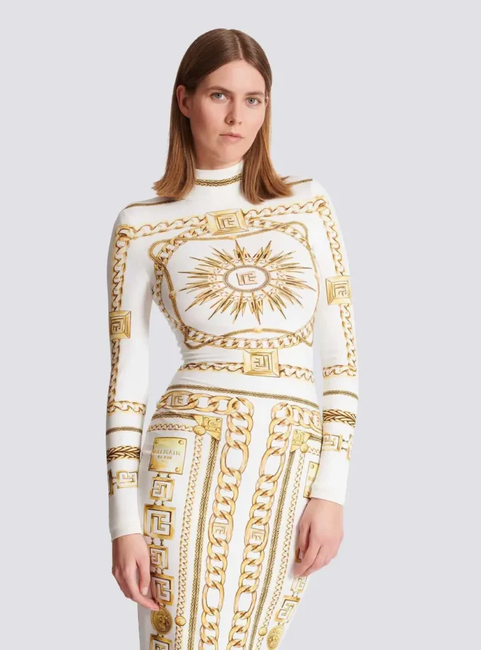 Long printed bodycon dress with Balmain Foulard pattern