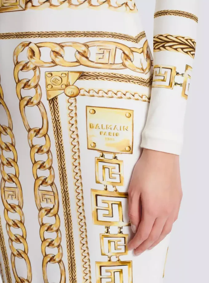 Long printed bodycon dress with Balmain Foulard pattern