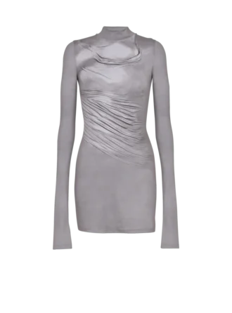Long-sleeve high-neck draped print trompe-l’œil t-shirt