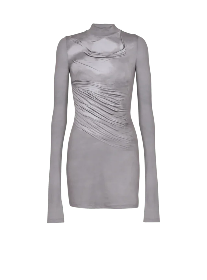 Long-sleeve high-neck draped print trompe-l’œil t-shirt