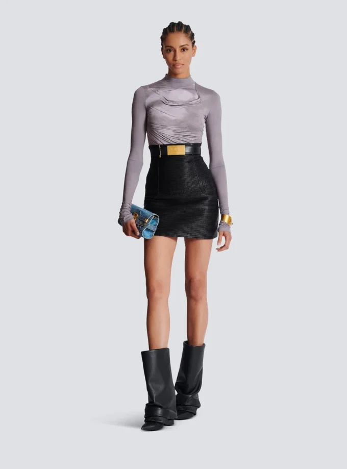 Long-sleeve high-neck draped print trompe-l’œil t-shirt