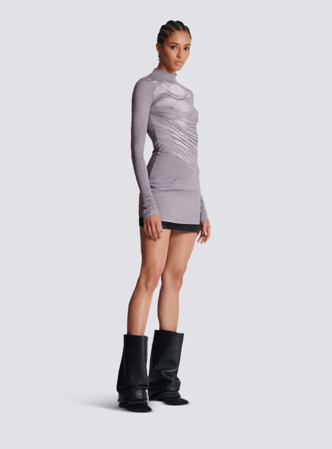 Long-sleeve high-neck draped print trompe-l’œil t-shirt