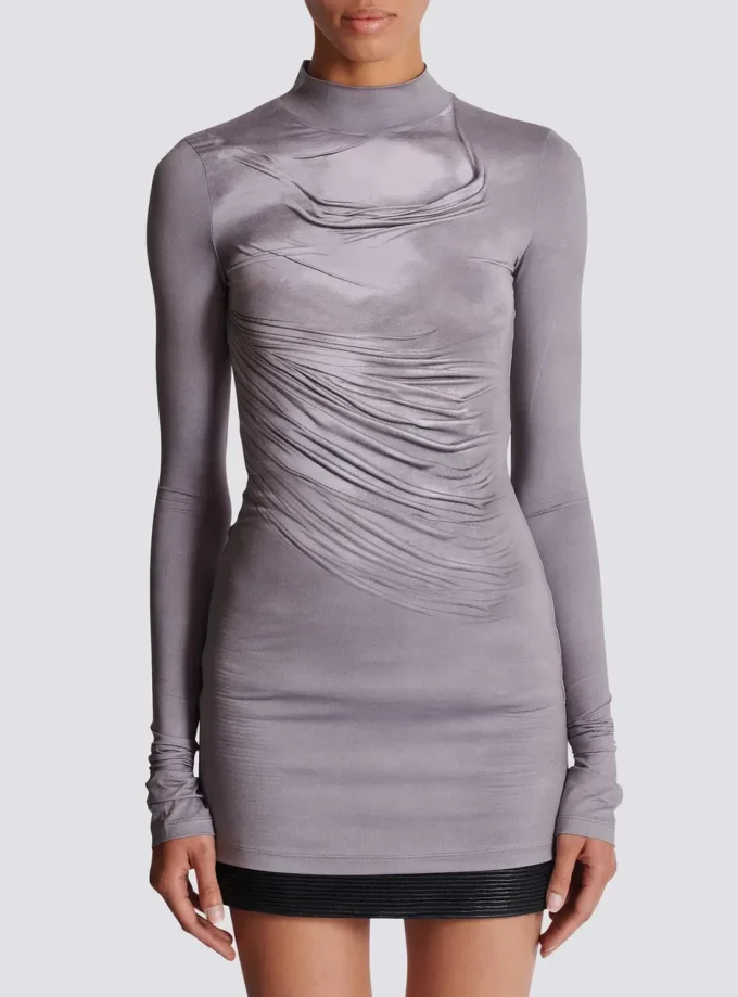 Long-sleeve high-neck draped print trompe-l’œil t-shirt