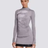 Long-sleeve high-neck draped print trompe-l’œil t-shirt